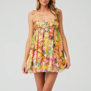 For Love & Lemons "Madison" yellow floral mini babydoll dress, Size XL